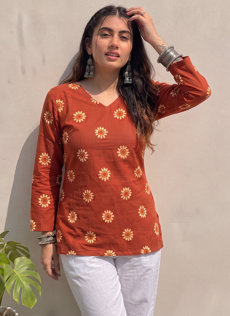 Orange Flower Printed Cotton V Neck Kurti