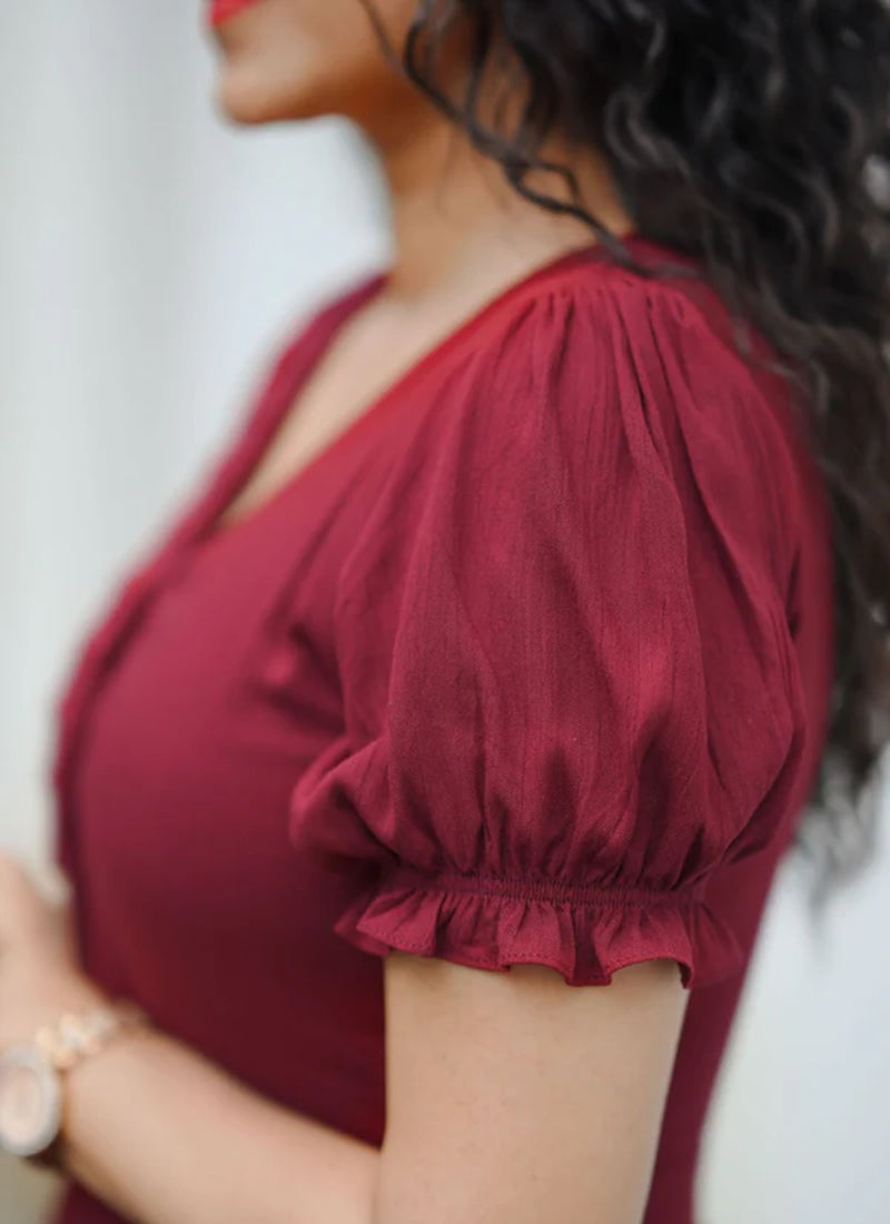 Maroon Rayon Calf Length Outwear Midi Dress