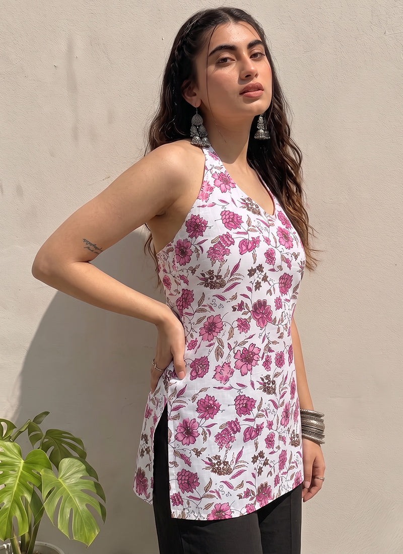 White Floral Printed Cotton Outwear Kurti