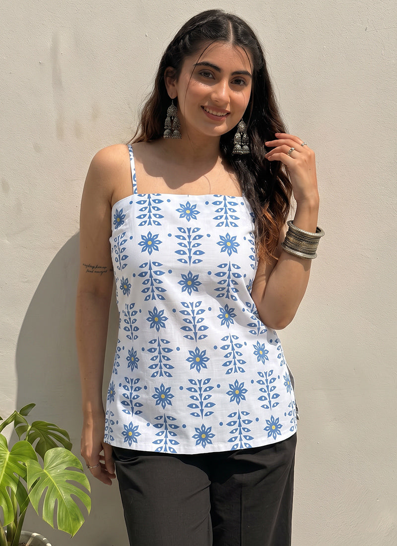 White Floral Printed Cotton Outwear Kurti