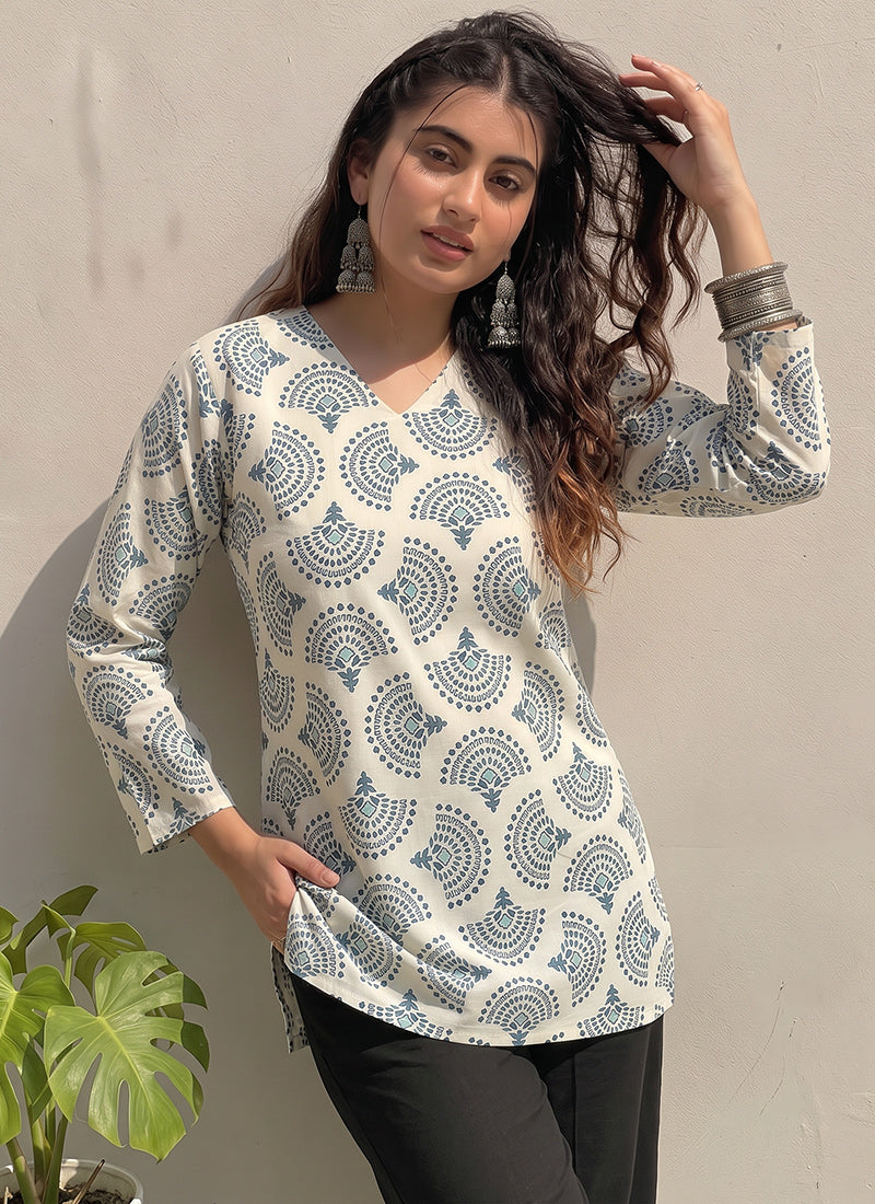 Off White And Green Printed Cotton Kurti