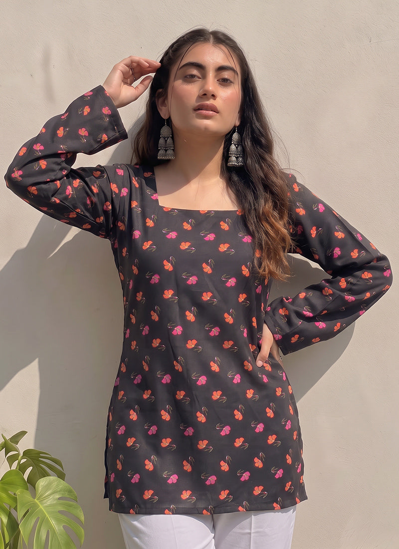 Black Cotton Printed Bell Sleeves Kurti