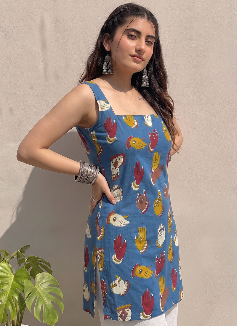 Blue Cotton Printed Straight-Cut Kurti
