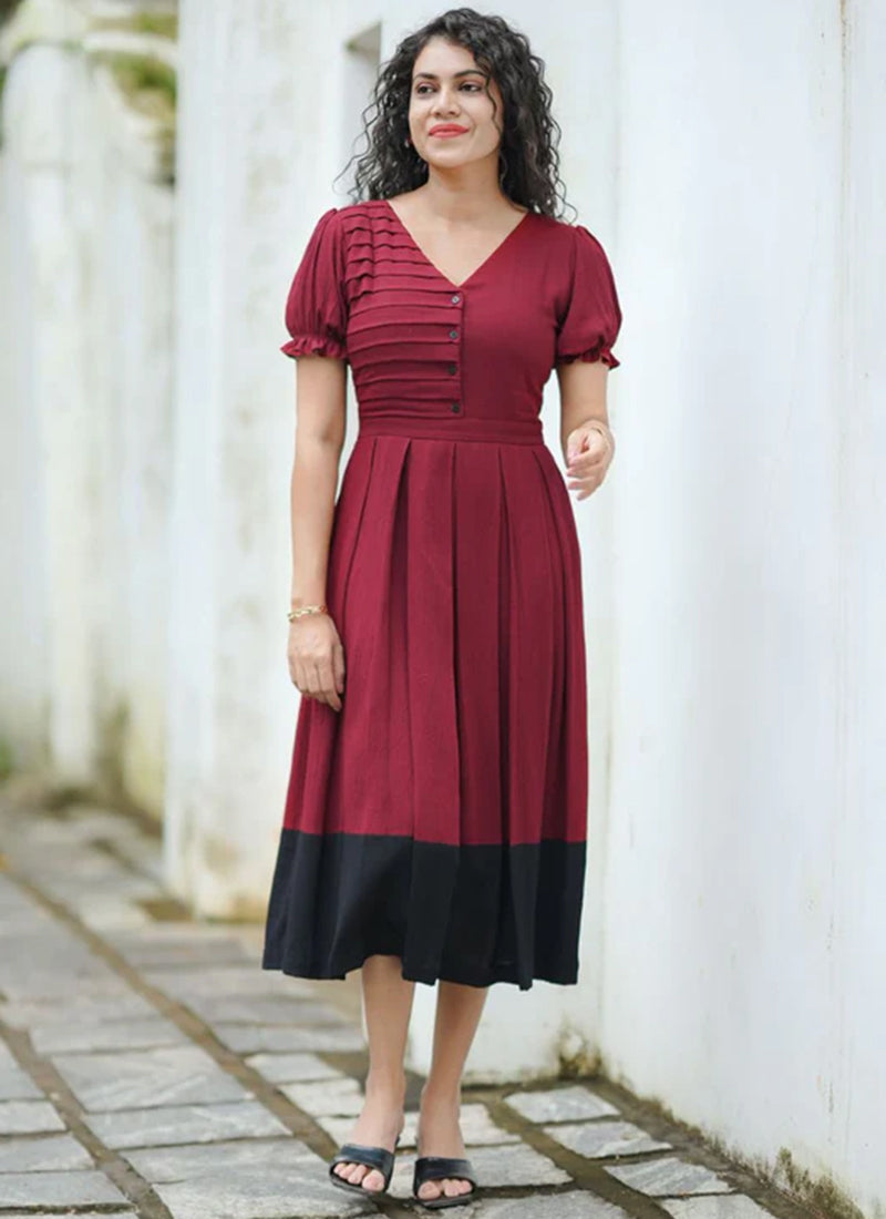 Maroon Rayon Calf Length Outwear Midi Dress