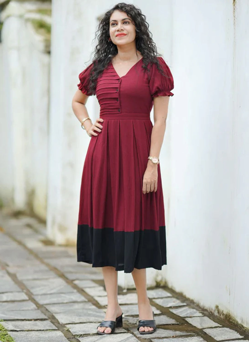Maroon Rayon Calf Length Outwear Midi Dress