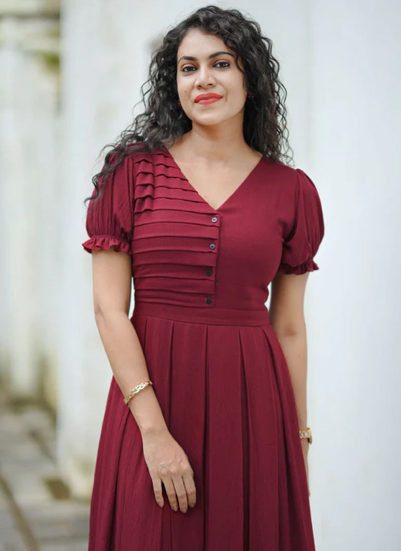Maroon Rayon Calf Length Outwear Midi Dress