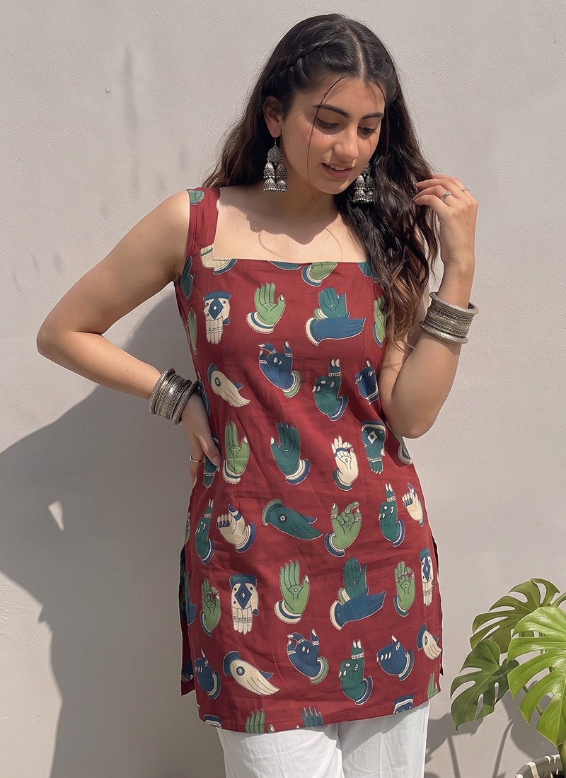 Maroon Cotton Printed Straight-Cut Kurti