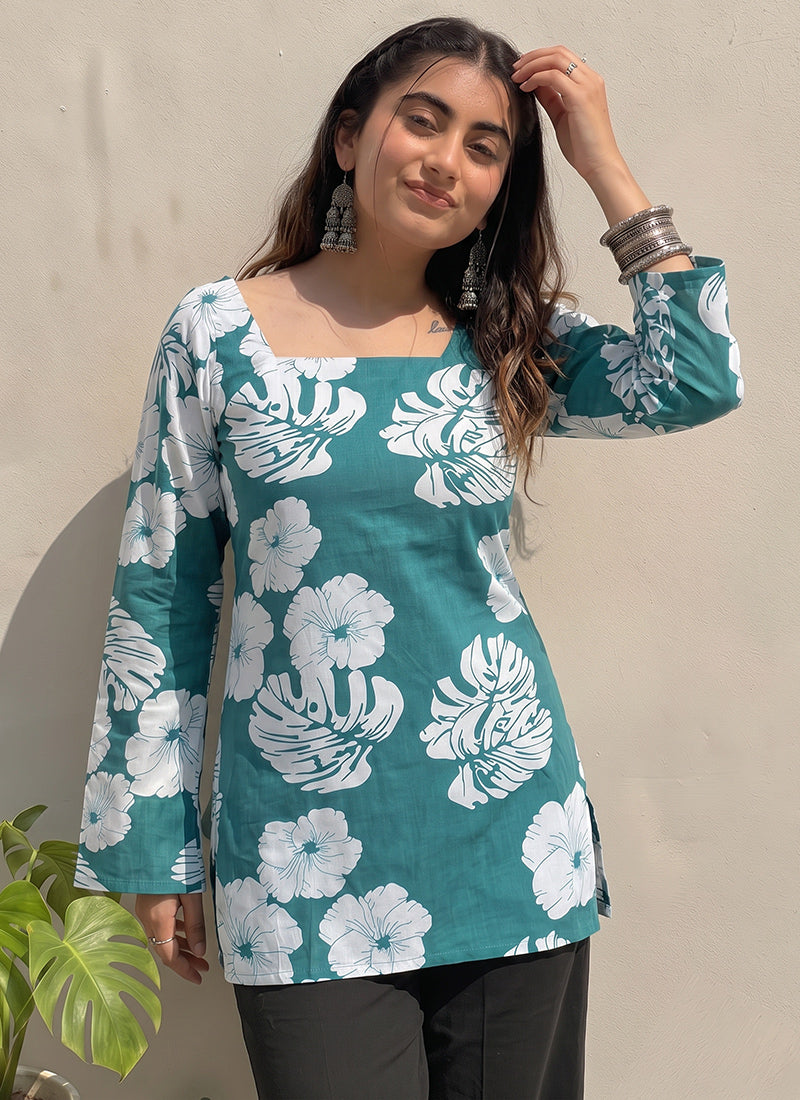 Teal Green Floral Printed Square Neck Cotton Kurti