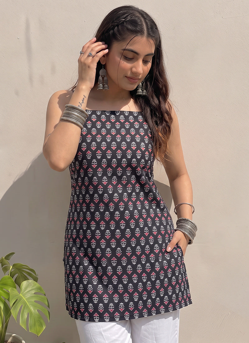 Black Cotton Printed Spaghetti Strap Kurti