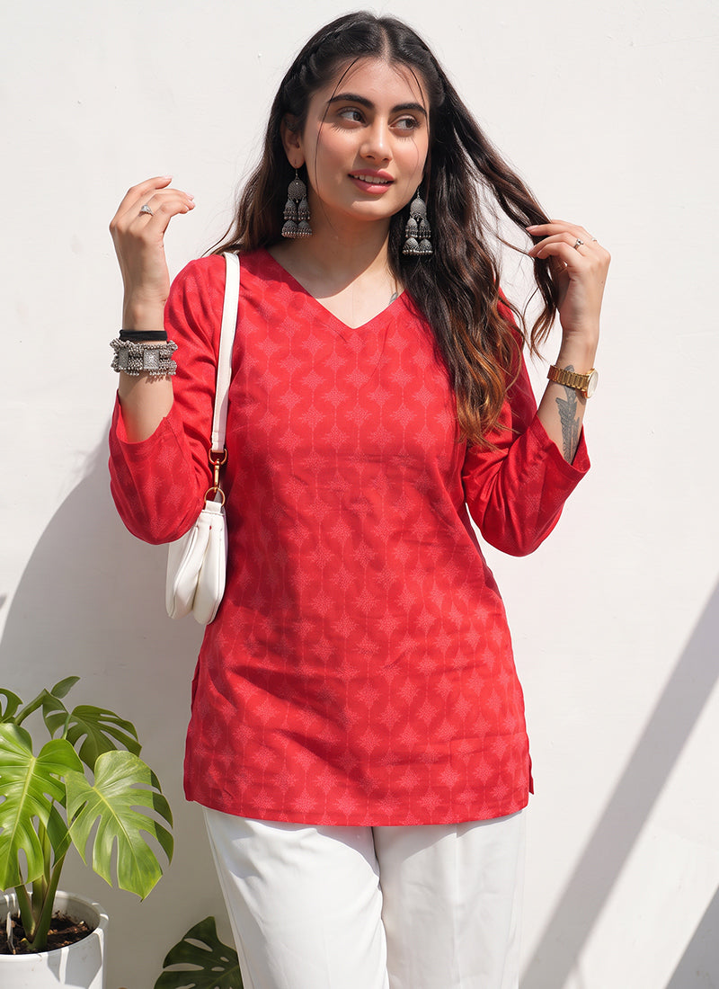 Red Cotton Printed V Neck Officewear Kurti