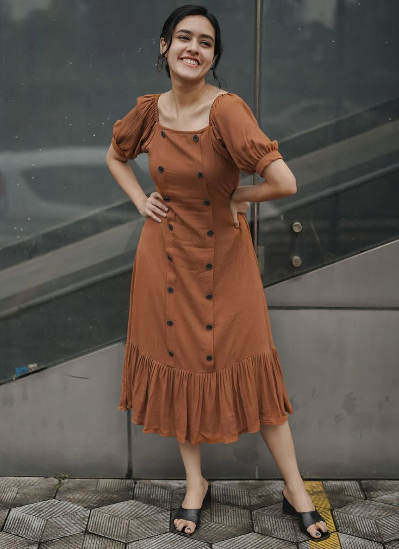 Brown Rayon Flary Party Wear Midi Dress