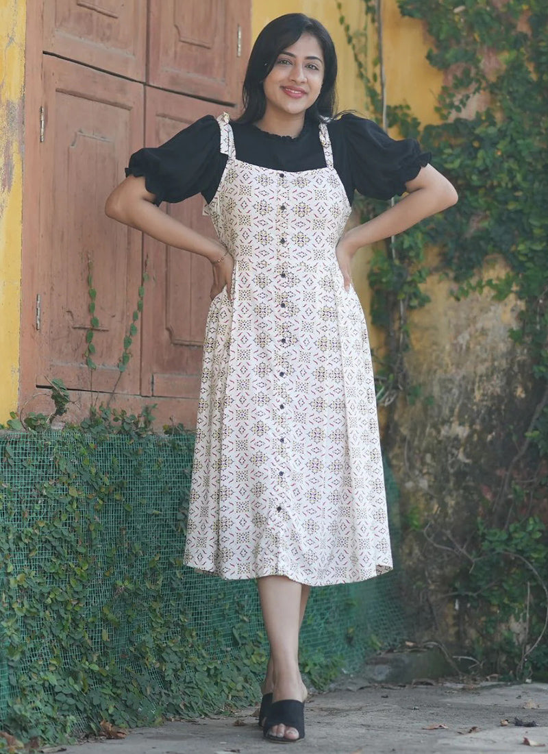 Cream Printed Two Piece Rayon Dungaree set