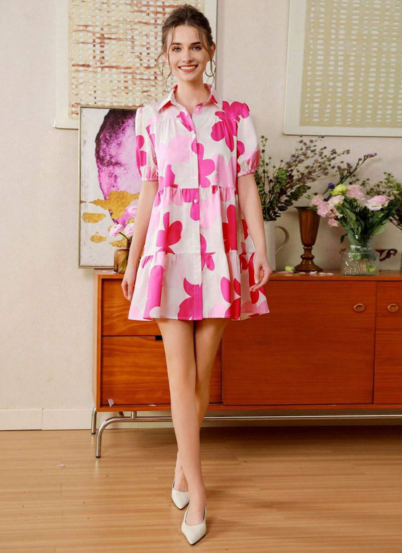 Pink And Cream Cotton Printed One Piece Mini Dress