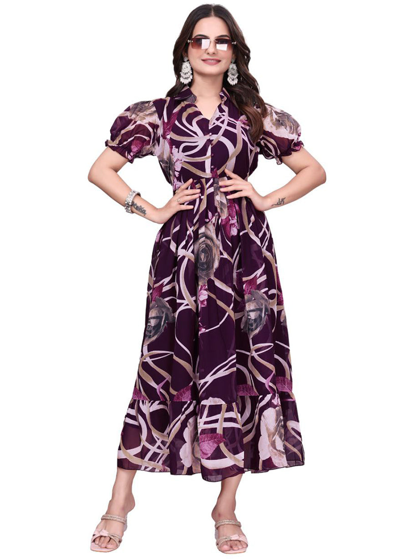 Wine Geometric Printed Georgette Fit & Flare Midi Dress