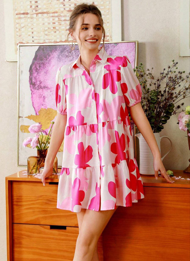 Pink And Cream Cotton Printed One Piece Mini Dress
