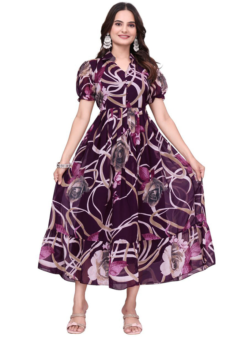 Wine Geometric Printed Georgette Fit & Flare Midi Dress