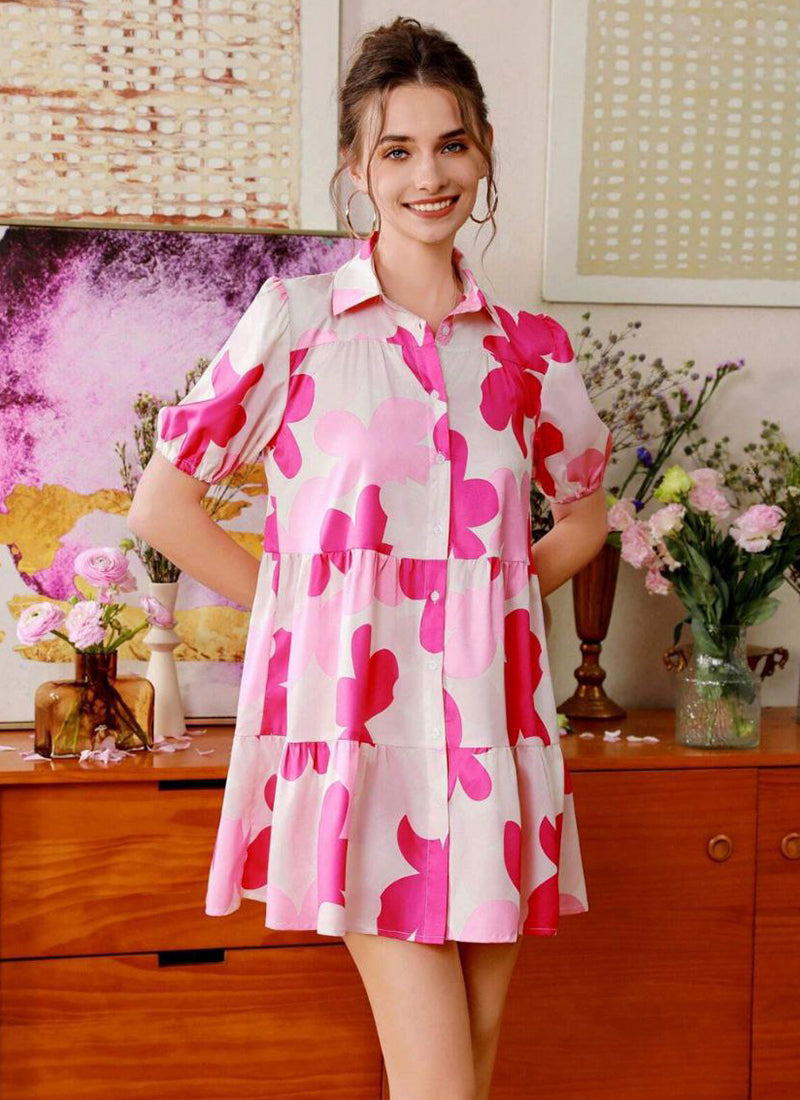 Pink And Cream Cotton Printed One Piece Mini Dress