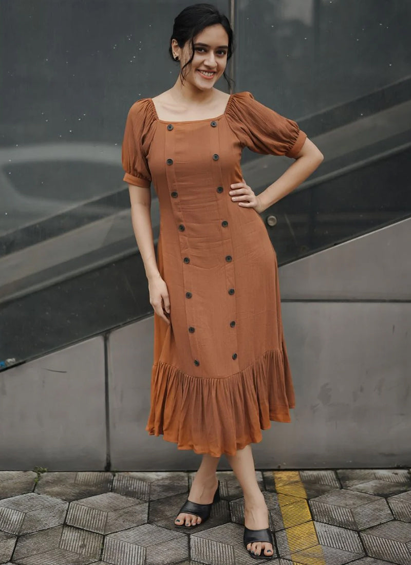 Brown Rayon Flary Party Wear Midi Dress