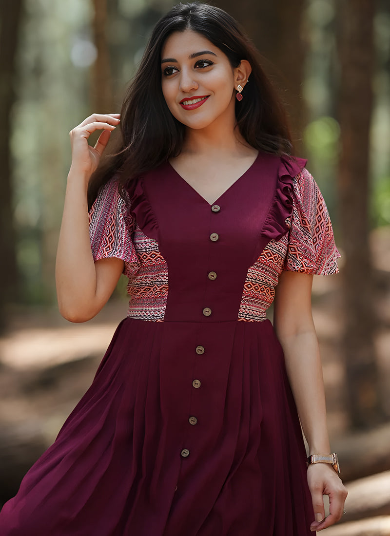 Maroon Rayon Printed Dress
