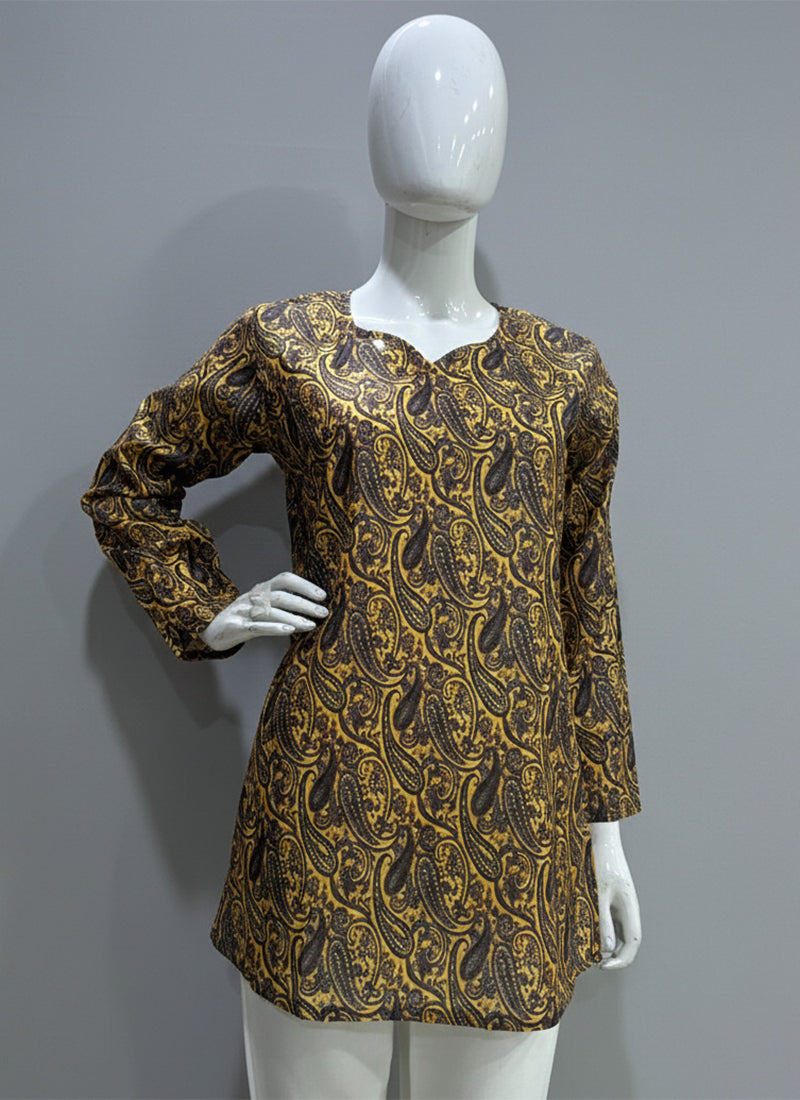 Yellow Digital Printed Muslin Casual Short Kurti