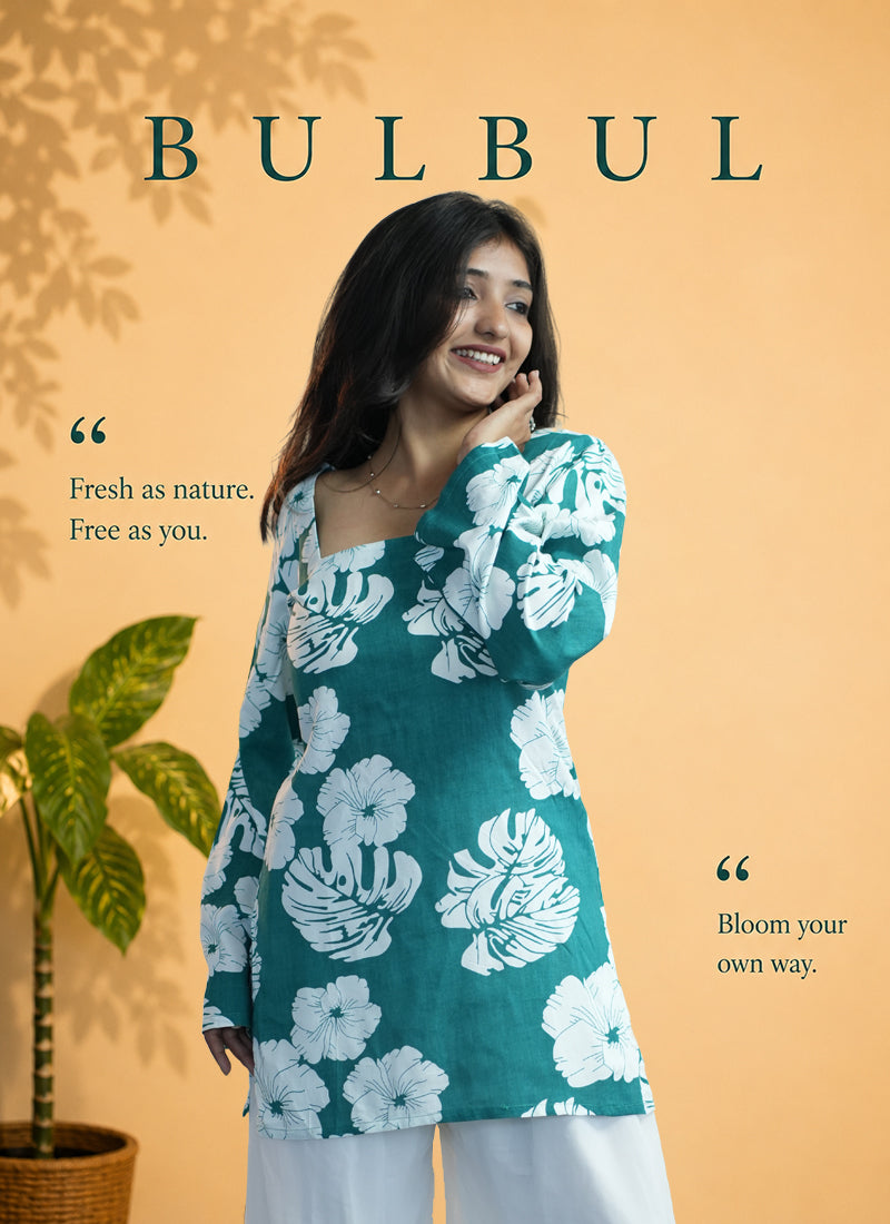 Teal Green Floral Printed Square Neck Cotton Kurti