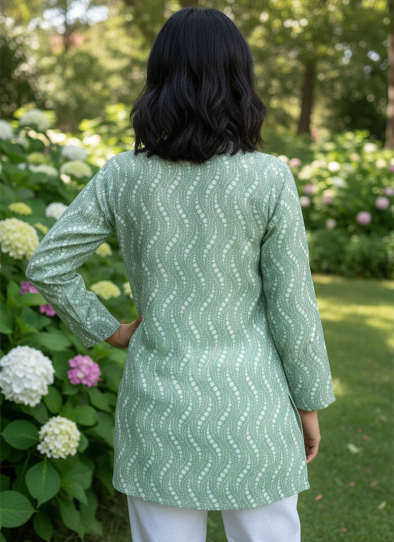 Sage Green Wavy Printed Muslin Casual Short Kurti