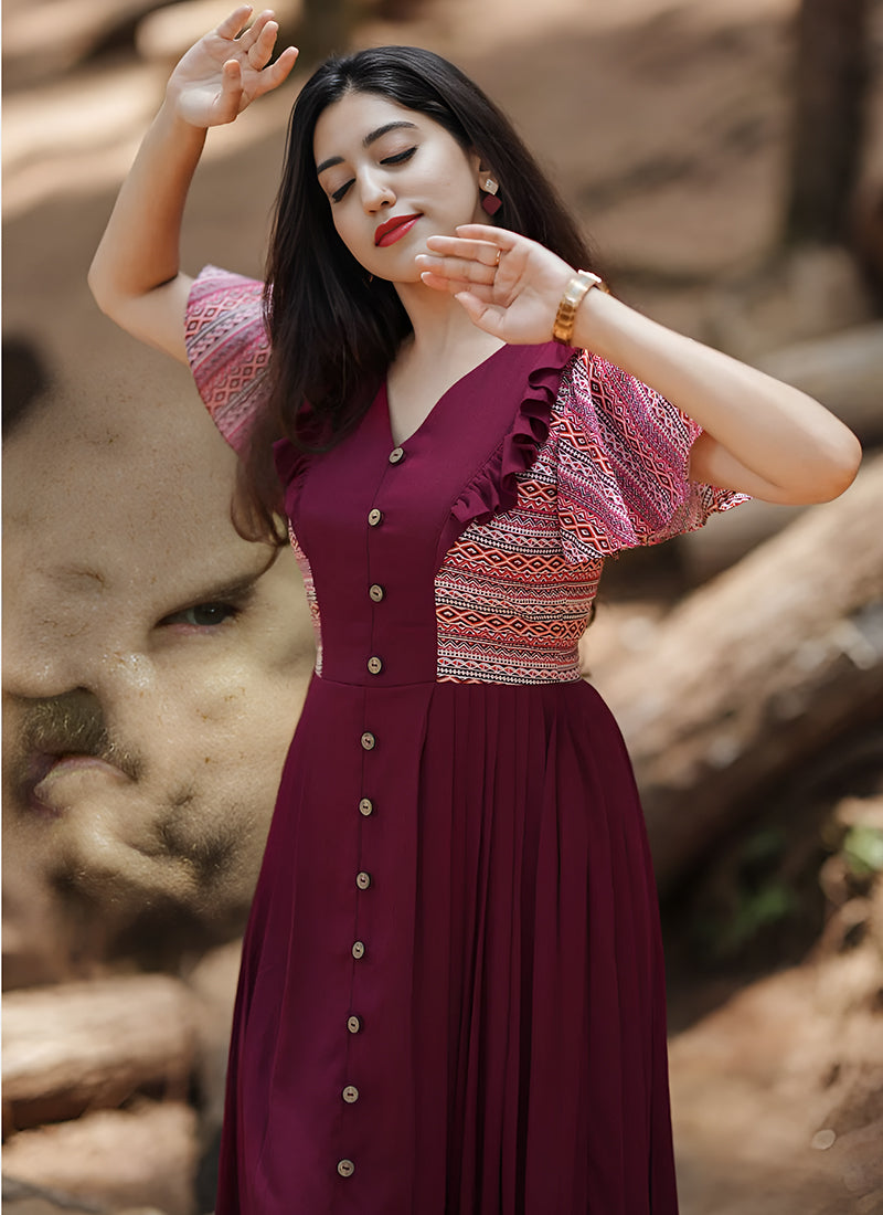 Maroon Rayon Printed Dress
