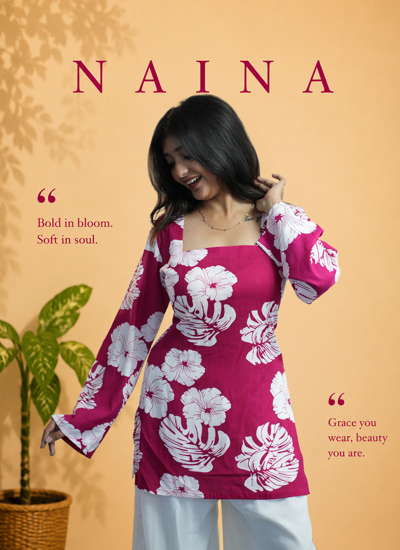 Pink Floral Printed Square Neck Cotton Kurti