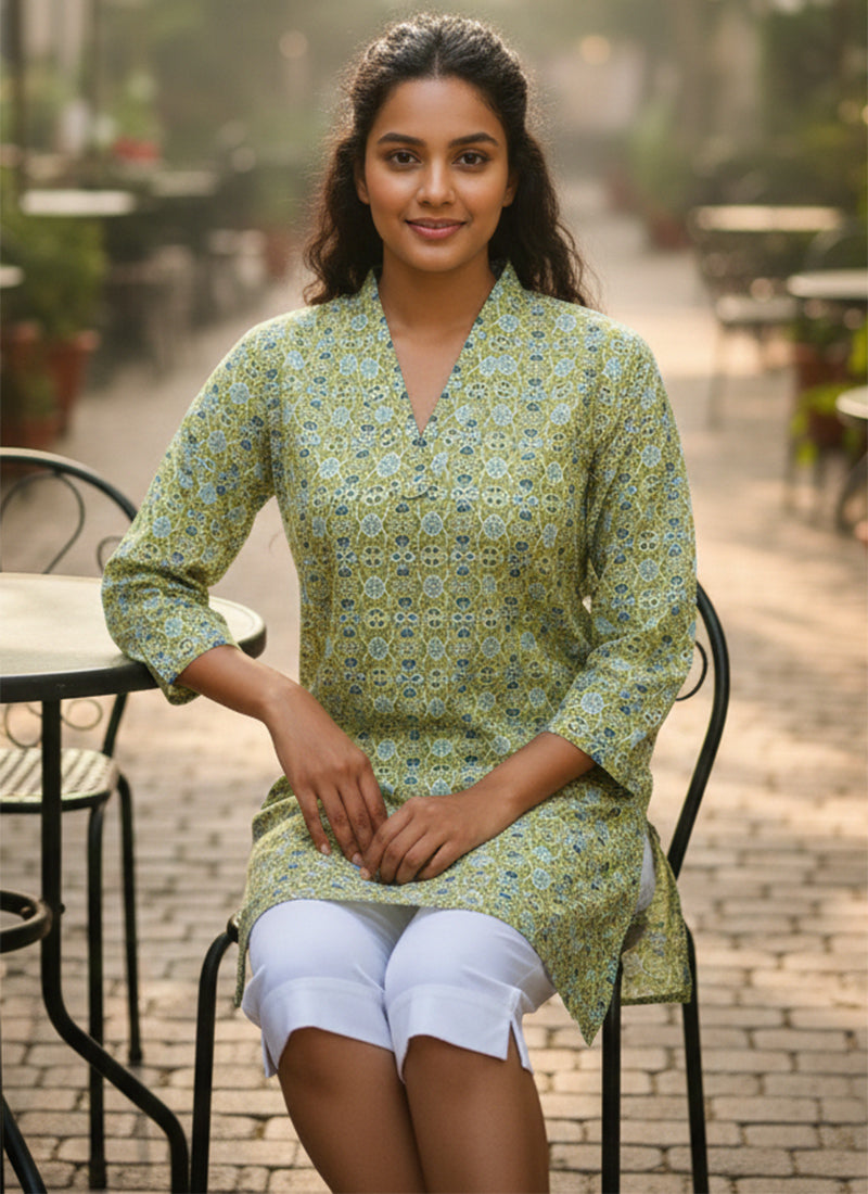 Green Geometric Printed Muslin Casual Short Kurti