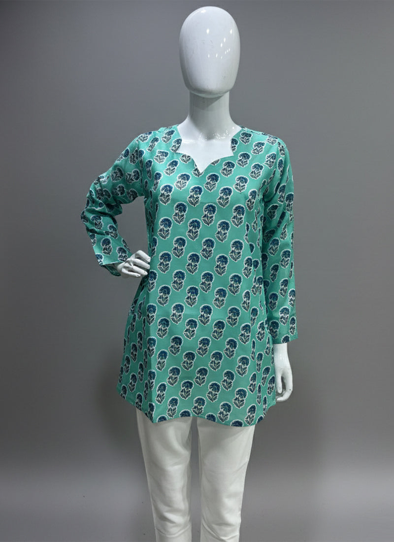 Turquoise Floral Printed Muslin Casual Short Kurti