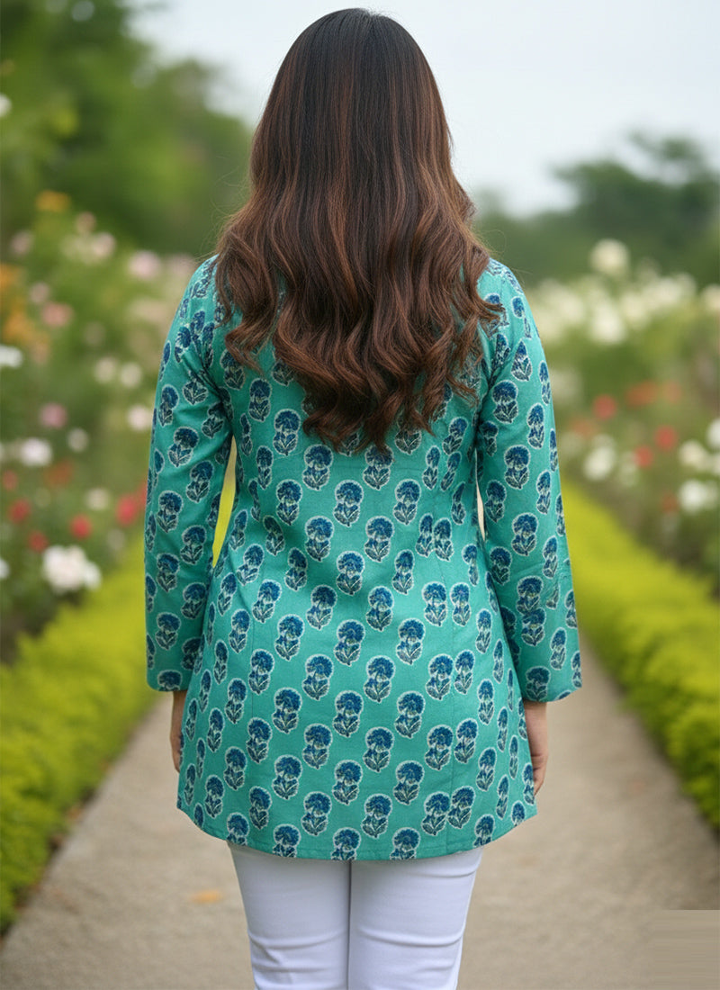 Turquoise Floral Printed Muslin Casual Short Kurti
