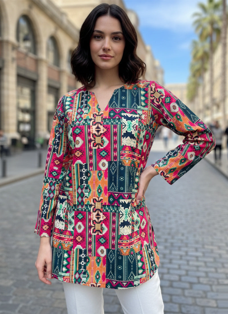 Multicolor Geometric Print Muslin Casual Short Kurti