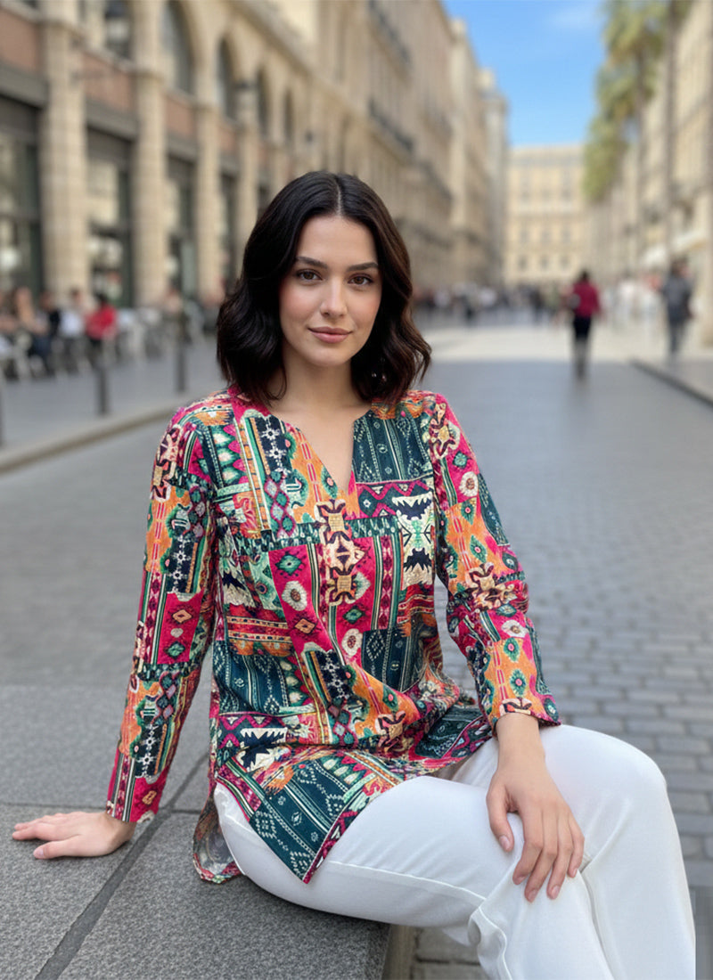 Multicolor Geometric Print Muslin Casual Short Kurti