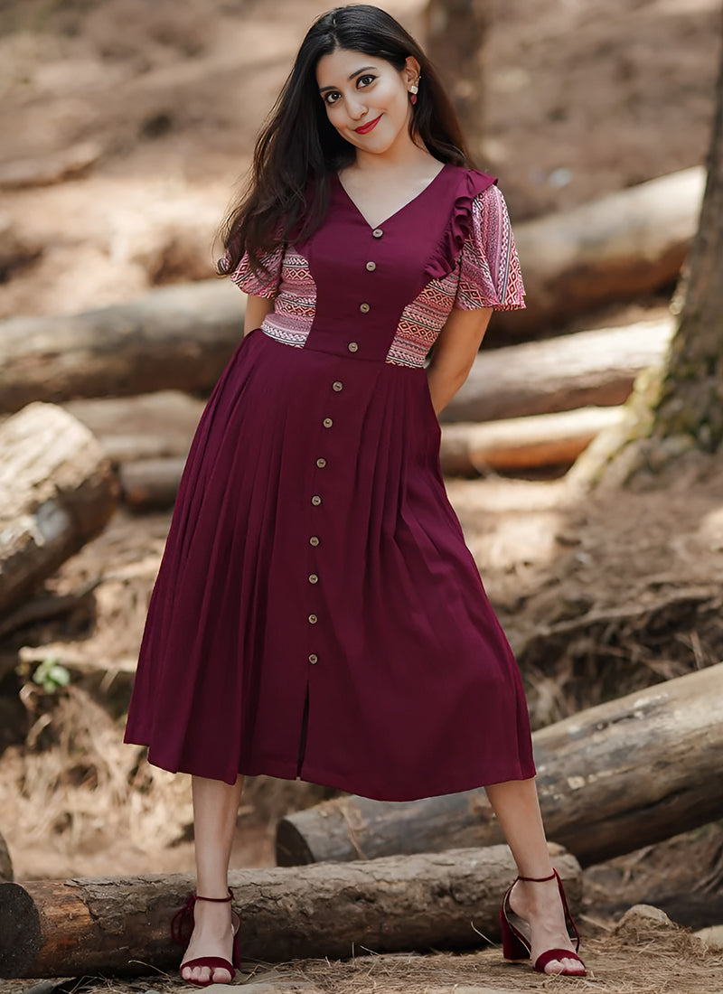 Maroon Rayon Printed Dress
