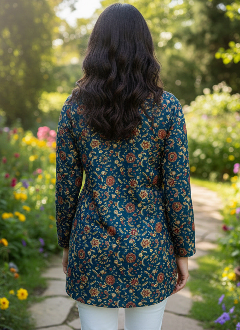 Teal Blue Geometric Print Muslin Casual Short Kurti