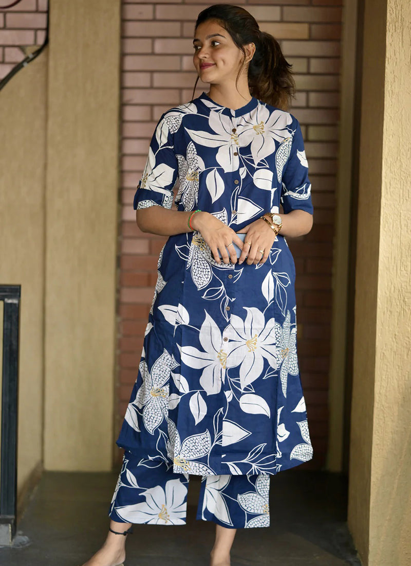 Blue Floral printed rayon cord set