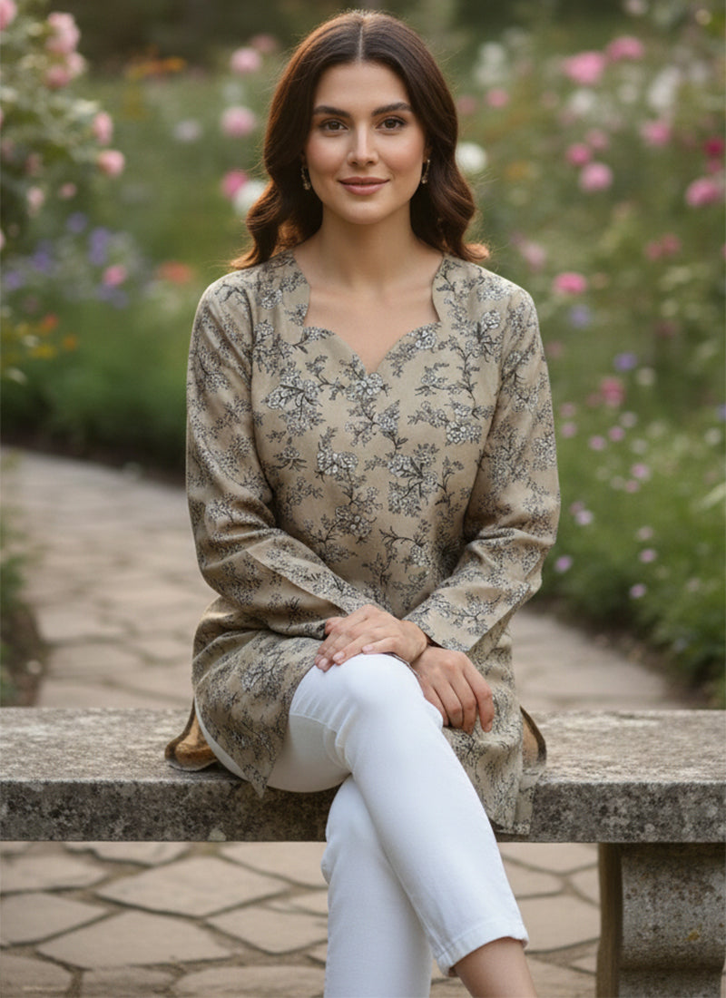 Dusty Gold Floral Printed Muslin Casual Short Kurti