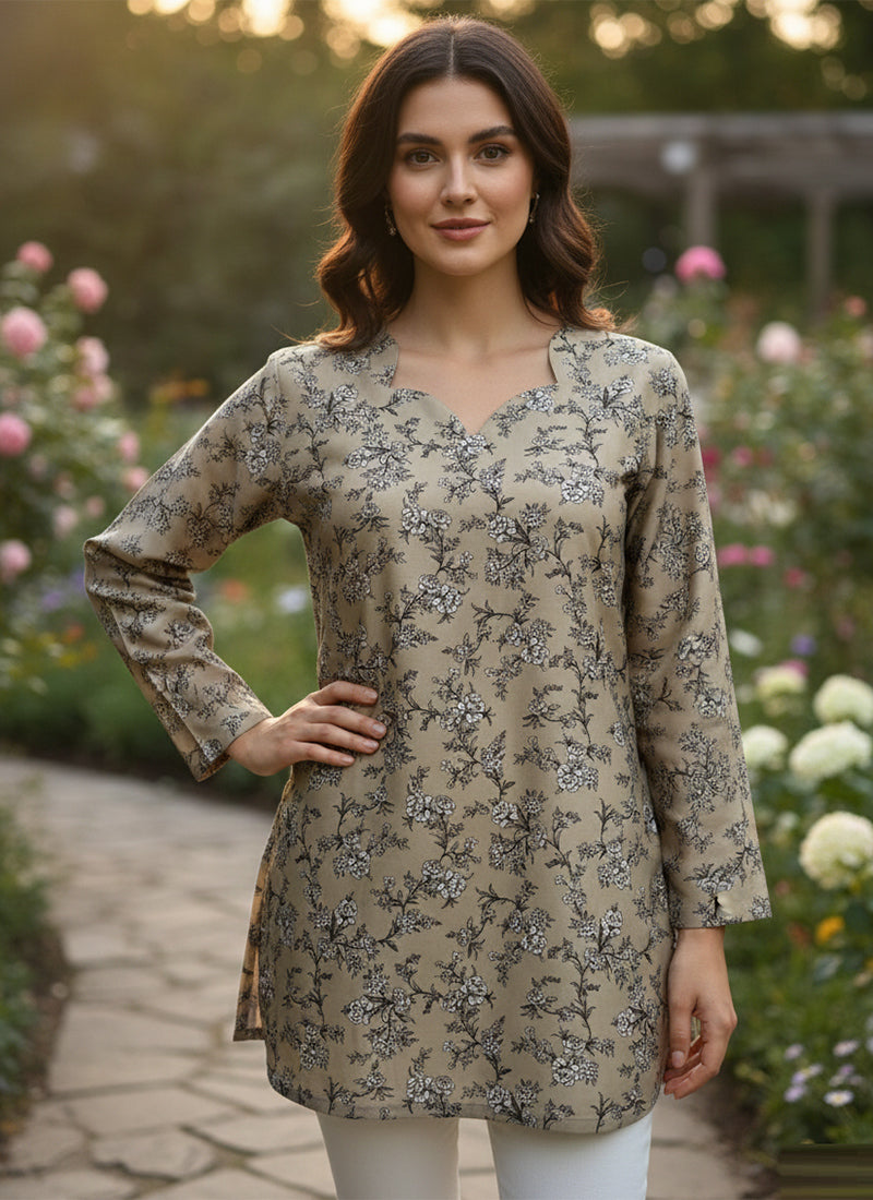 Dusty Gold Floral Printed Muslin Casual Short Kurti