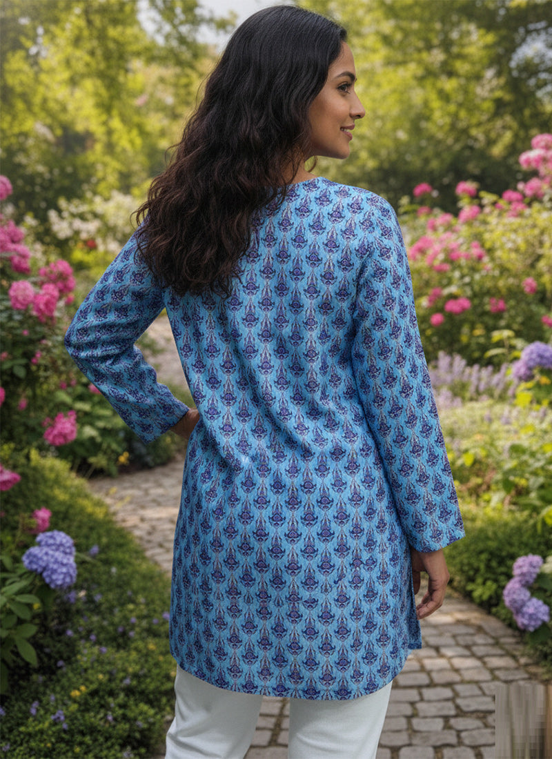 Sky Blue Ornate Booti Printed Casual Short Kurti