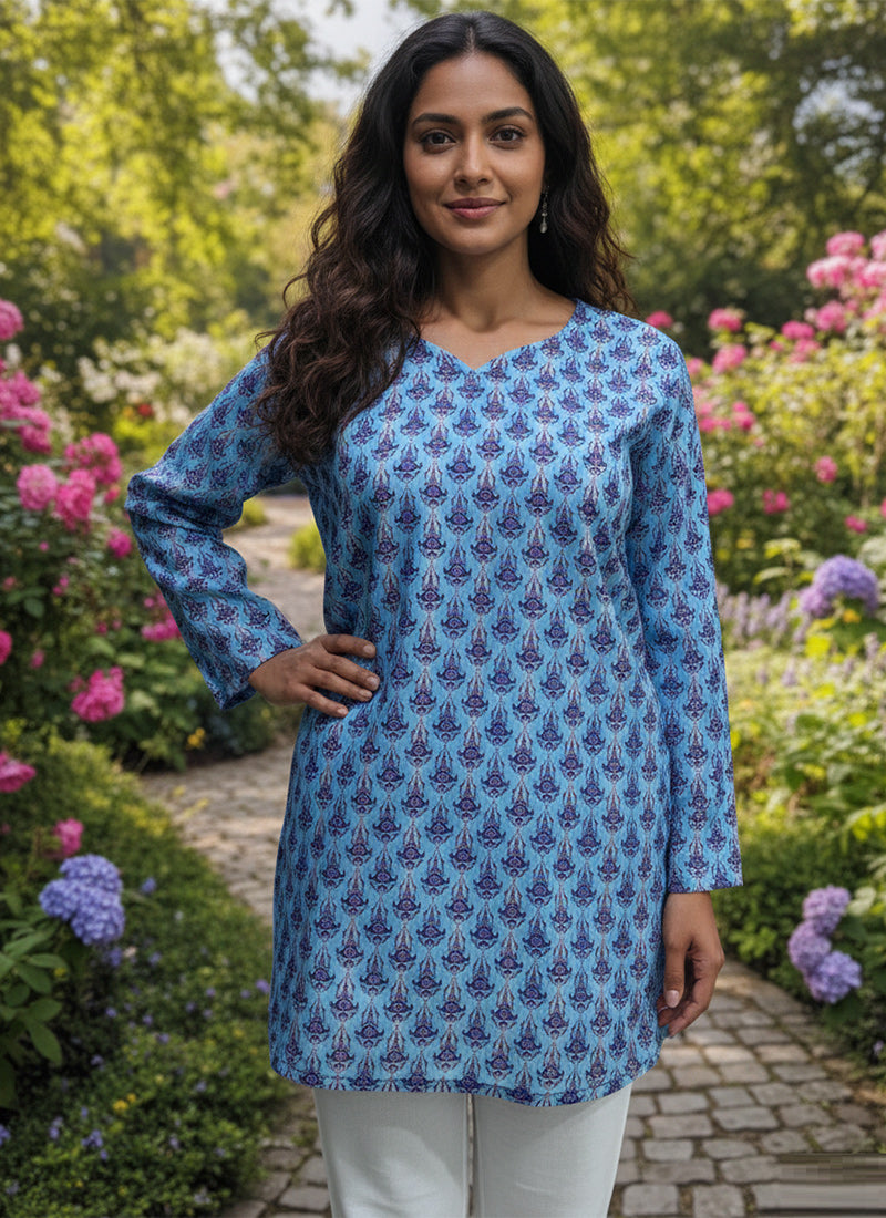 Sky Blue Ornate Booti Printed Casual Short Kurti