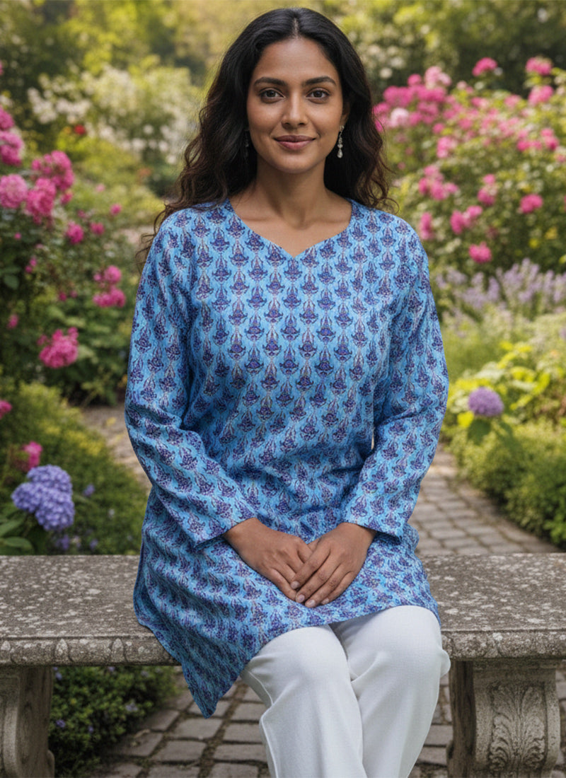 Sky Blue Ornate Booti Printed Casual Short Kurti