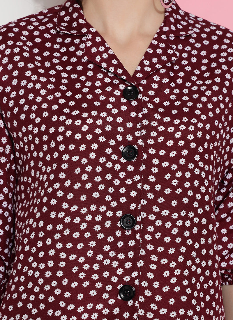 Maroon Print Cuban Collar Shirt