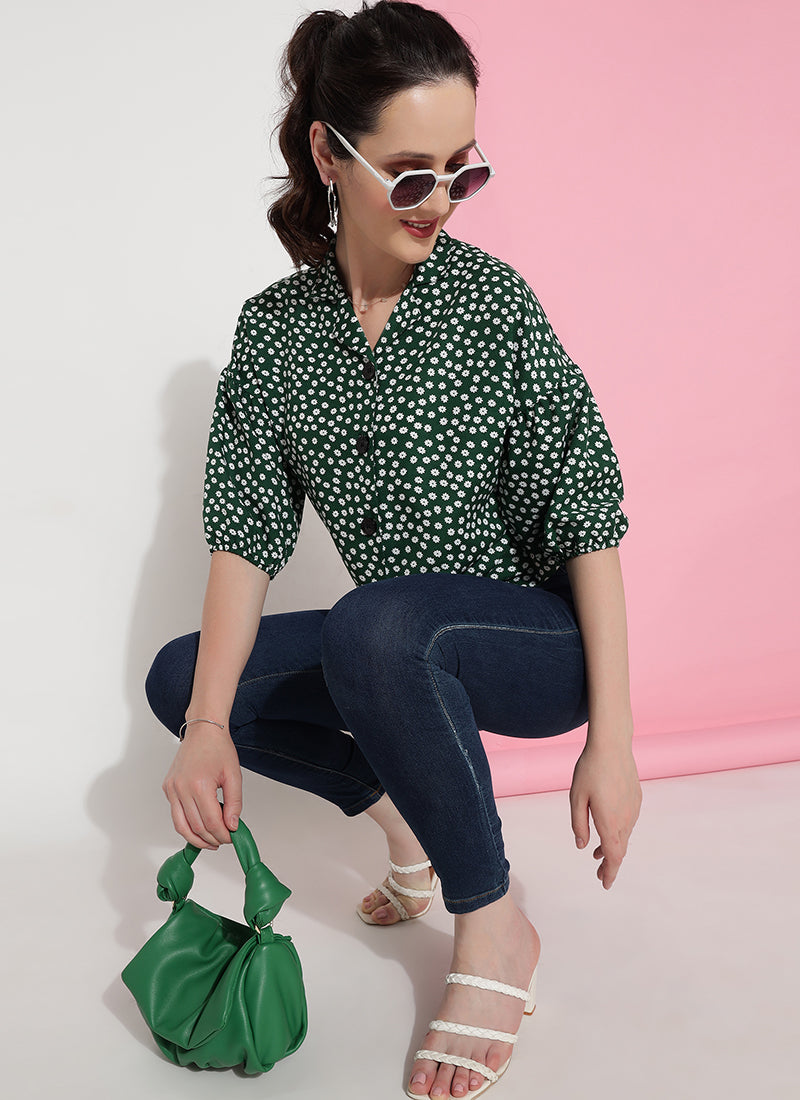 Green Print Drop Shoulder Sleeve Shirt