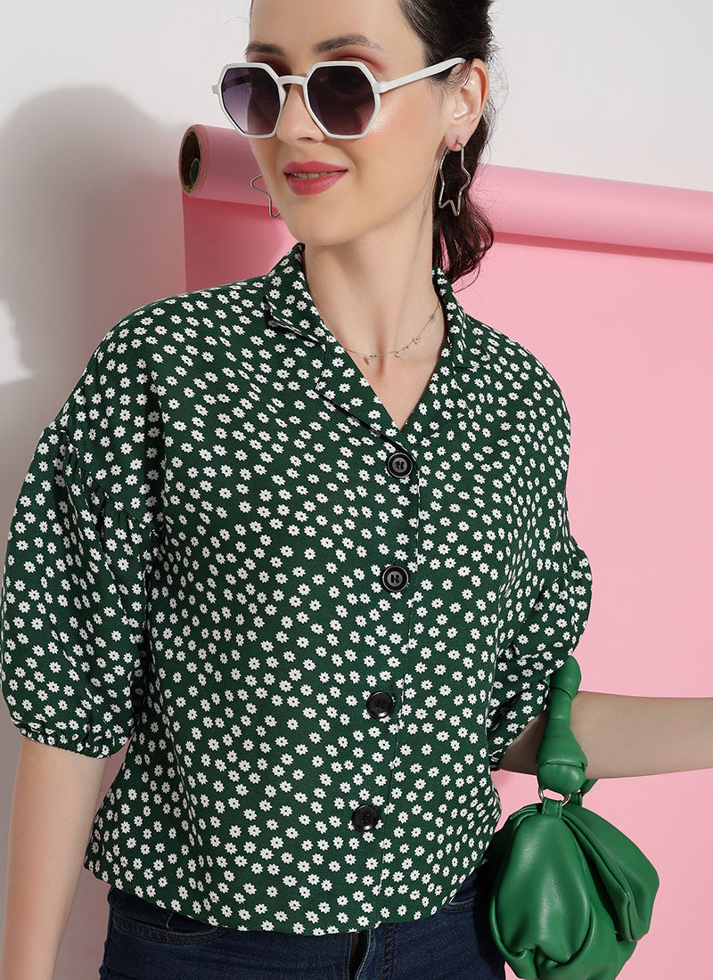 Green Print Drop Shoulder Sleeve Shirt