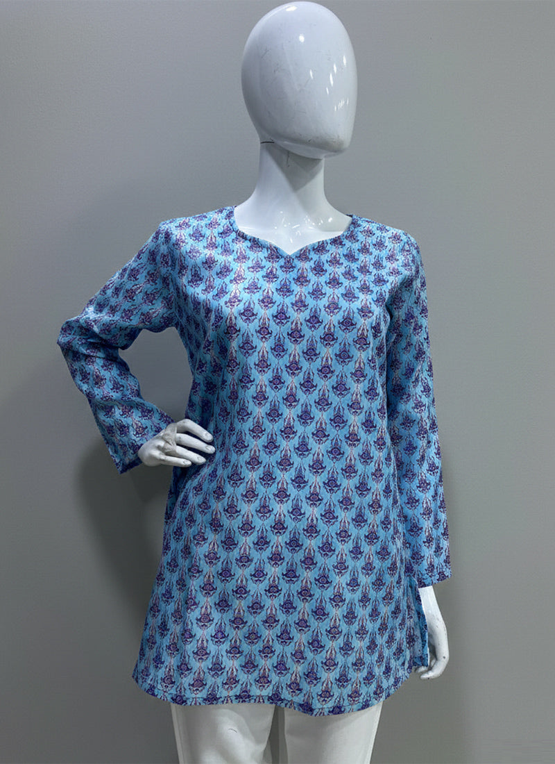 Sky Blue Ornate Booti Printed Casual Short Kurti