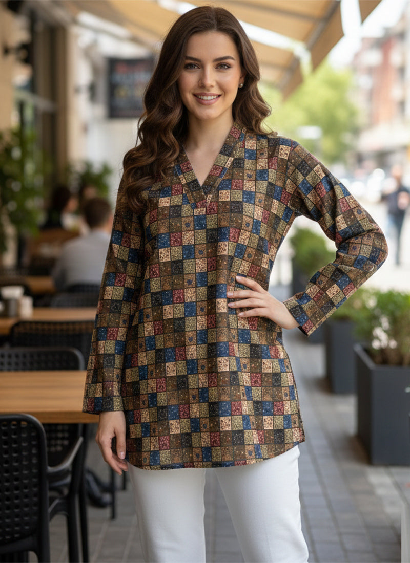 Multicolor Grid Printed Muslin Casual Short Kurti