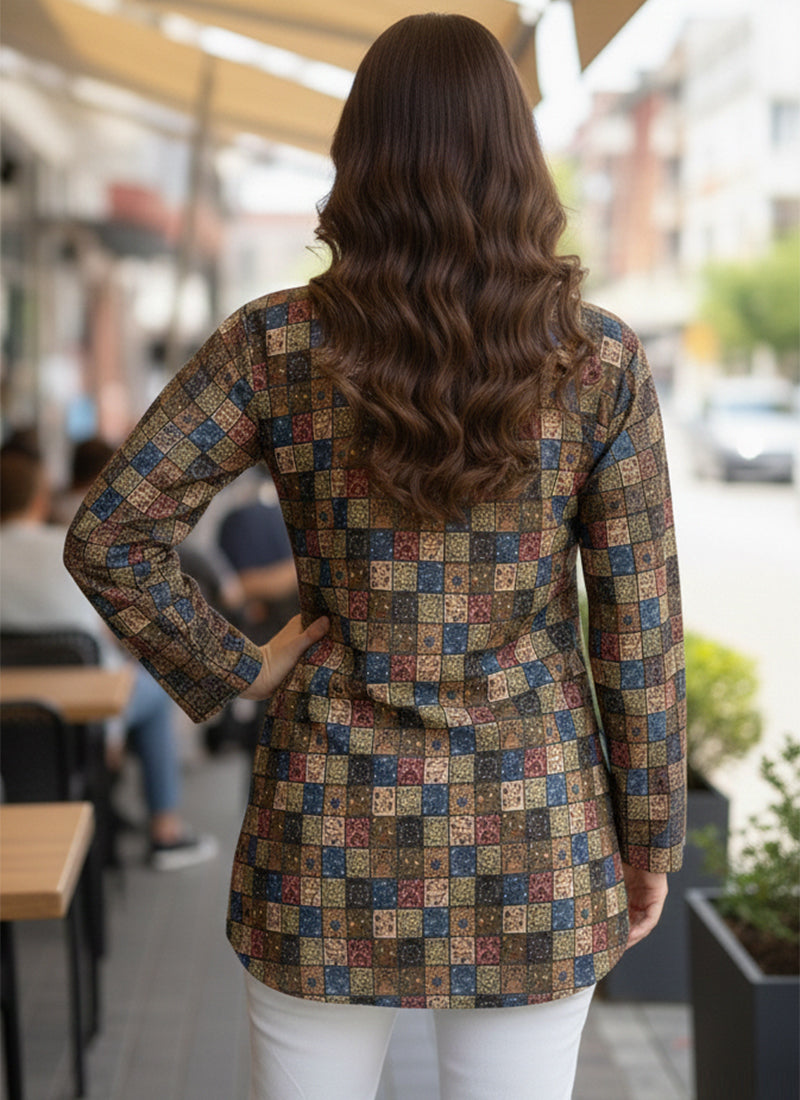 Multicolor Grid Printed Muslin Casual Short Kurti