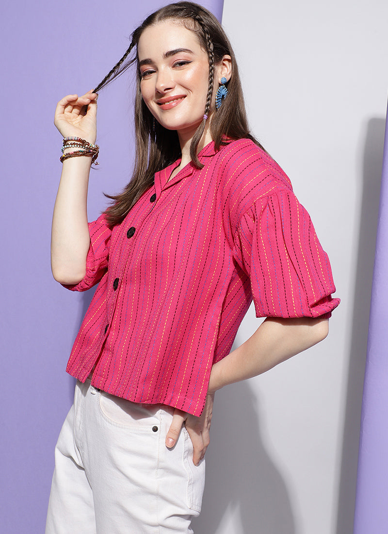 Pink Strips Lapel Collar Shirt