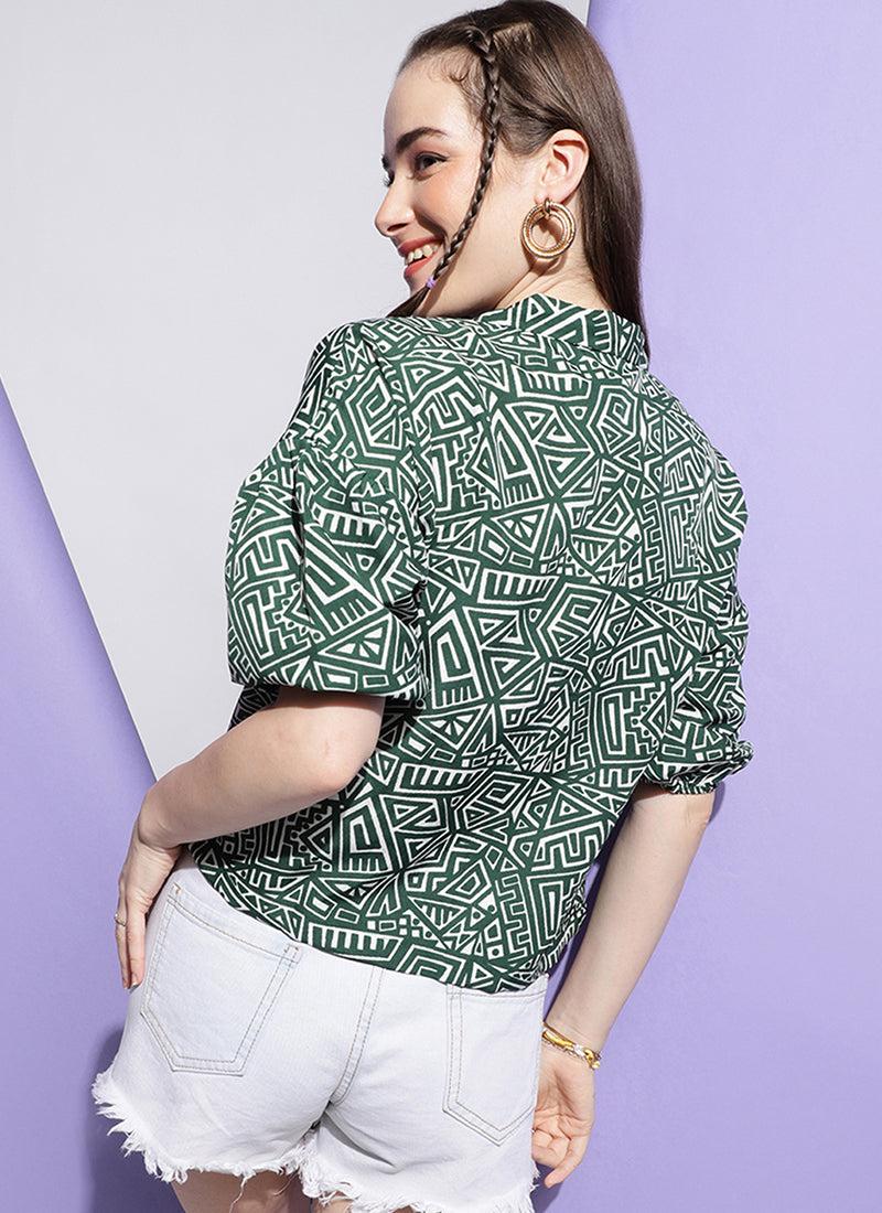 Green Gathered Details Crepe Shirt