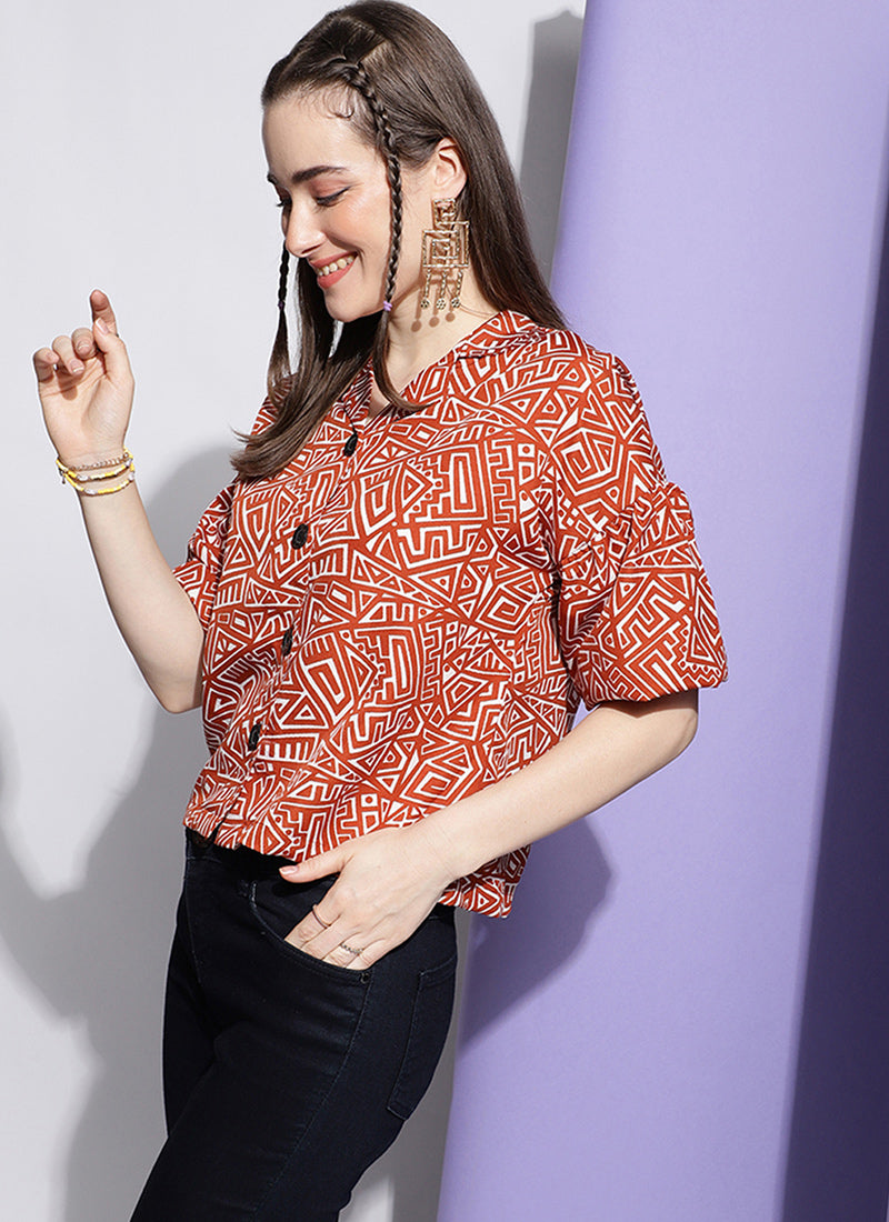 Orange Print Party Wear Shirt